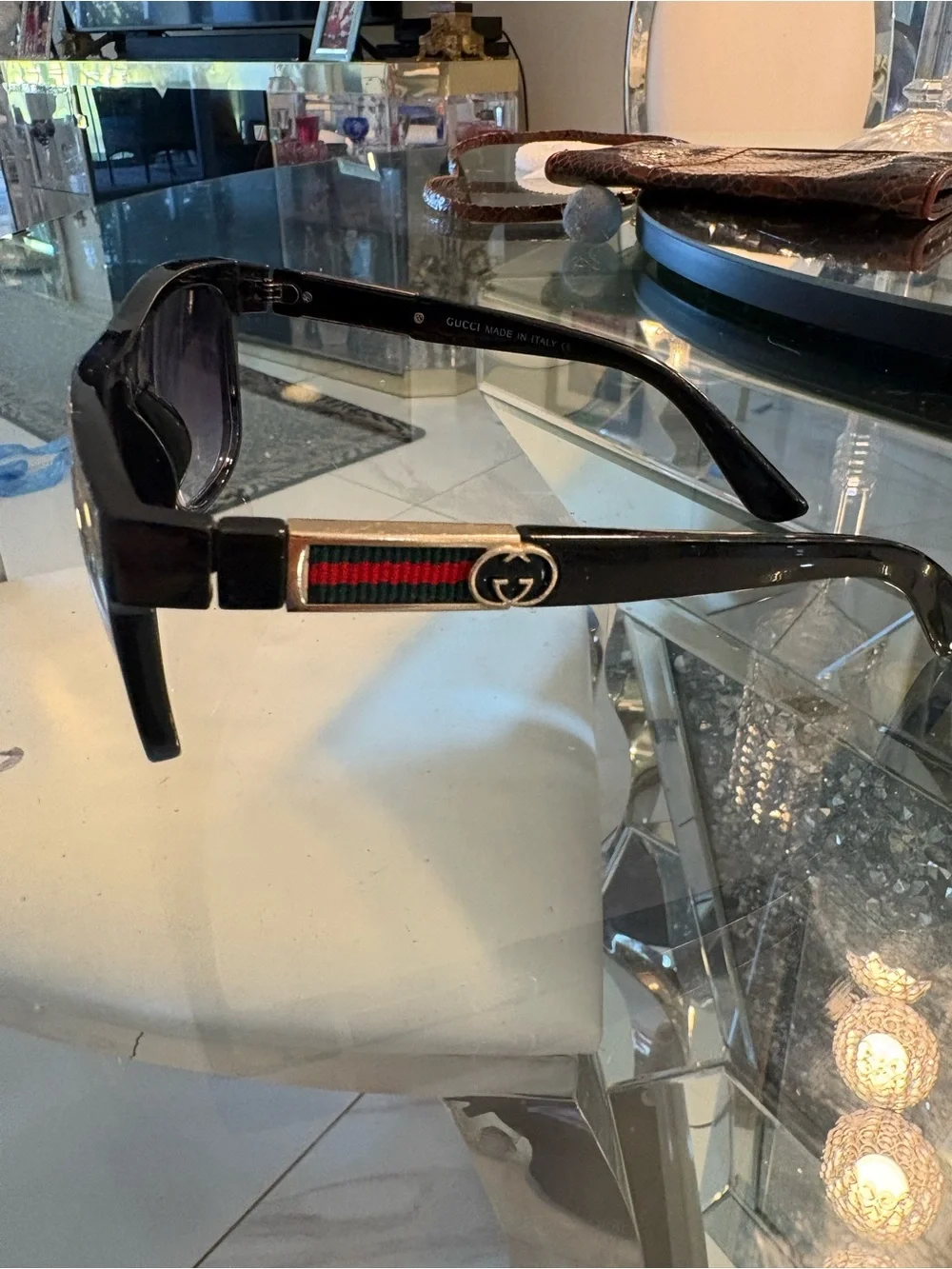 Gucci Black Sunglasses with Gold-Tone GG and Green-Red Web